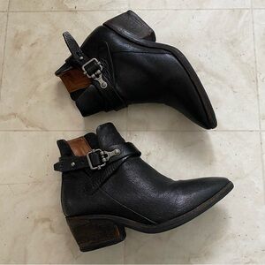 $350 A.S.98 Black Leather Distressed Buckle Block Heels Biker Ankle Boots 6.5/37